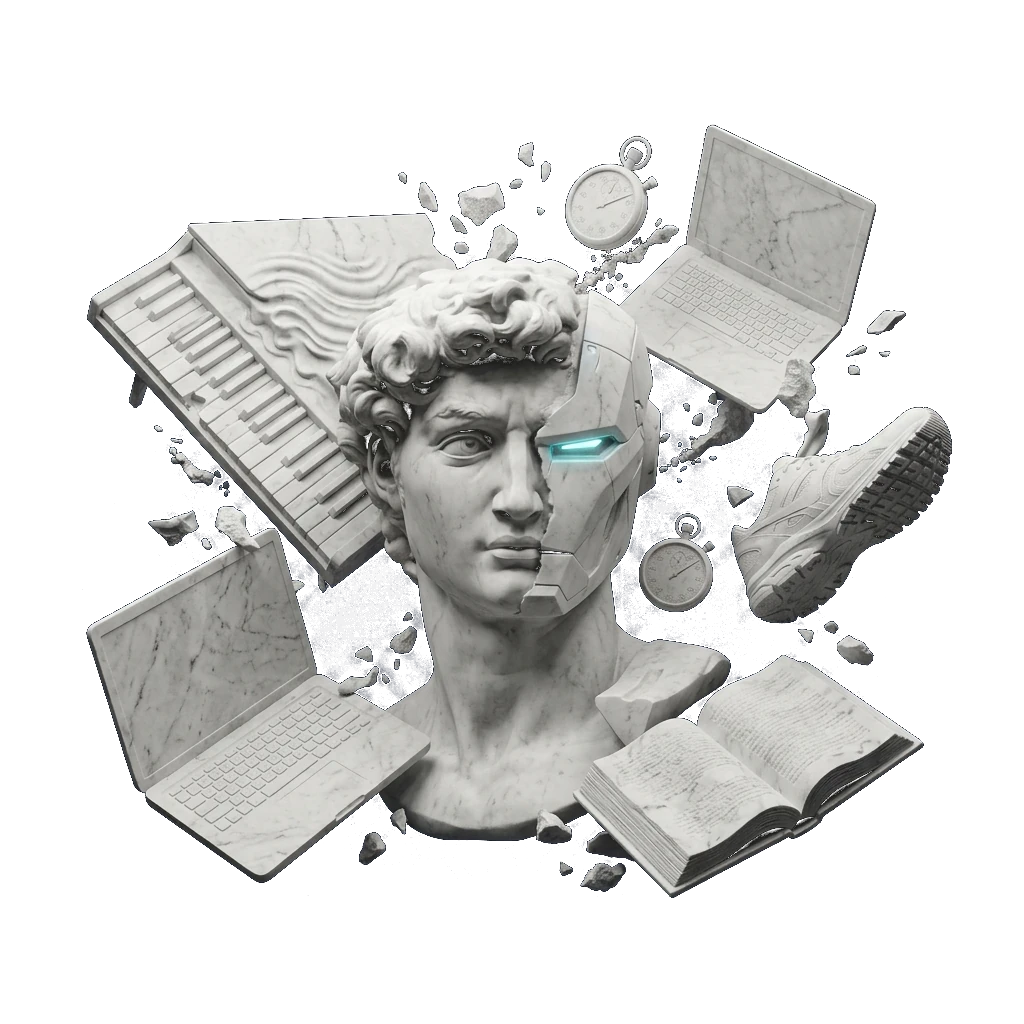 Marble David with a cybernetic half-face, surrounded by a stone piano, laptop, book, sneaker and stopwatch